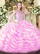 Exquisite Lilac Ball Gowns Tulle Bateau Sleeveless Beading and Ruffled Layers Zipper Vestidos de Quinceanera Sweep Train