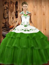 Cheap Halter Top Lace Up Embroidery and Ruffled Layers 15 Quinceanera Dress Sweep Train Sleeveless