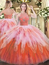 Top Selling Multi-color Tulle Zipper Halter Top Sleeveless Floor Length 15 Quinceanera Dress Beading and Ruffles