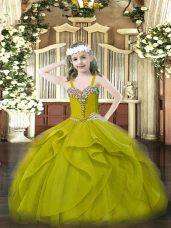Latest Olive Green Ball Gowns One Shoulder Sleeveless Organza Floor Length Lace Up Beading and Ruffles Girls Pageant Dresses