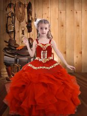 Coral Red Organza Lace Up Straps Sleeveless Floor Length Pageant Gowns For Girls Embroidery and Ruffles