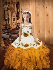 Gold Organza Zipper Straps Sleeveless Floor Length Pageant Gowns For Girls Embroidery and Ruffles