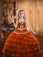 Adorable Embroidery and Ruffled Layers Little Girls Pageant Gowns Rust Red Lace Up Sleeveless Floor Length
