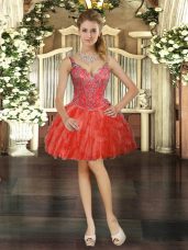 Spectacular Tulle V-neck Sleeveless Lace Up Beading and Ruffles Prom Gown in Red