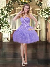 Glamorous Sleeveless Organza Mini Length Lace Up Prom Party Dress in Lavender with Appliques and Ruffles and Pick Ups
