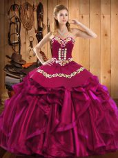New Style Floor Length Fuchsia 15 Quinceanera Dress Satin and Organza Sleeveless Embroidery and Ruffles