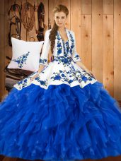 Blue Sleeveless Satin and Organza Lace Up Vestidos de Quinceanera for Military Ball and Sweet 16 and Quinceanera