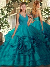 Sweep Train Ball Gowns Ball Gown Prom Dress Teal V-neck Fabric With Rolling Flowers Sleeveless With Train Backless