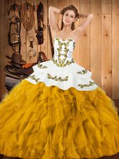 Custom Designed Ball Gowns Vestidos de Quinceanera Gold Strapless Satin and Organza Sleeveless Floor Length Lace Up