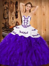 Deluxe Satin and Organza Strapless Sleeveless Lace Up Embroidery and Ruffles 15 Quinceanera Dress in White And Purple
