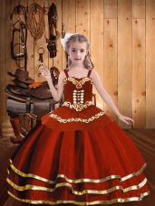 Amazing Rust Red Sleeveless Floor Length Embroidery and Ruffles Lace Up Party Dress