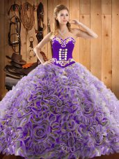 Multi-color Ball Gowns Satin and Fabric With Rolling Flowers Sweetheart Sleeveless Embroidery With Train Lace Up Quinceanera Gown Sweep Train