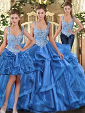 On Sale Sleeveless Tulle Floor Length Lace Up Quinceanera Dresses in Blue with Beading and Ruffles