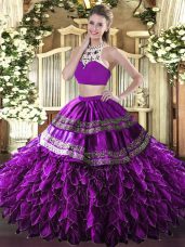 Hot Selling Eggplant Purple Tulle Backless Sweet 16 Quinceanera Dress Sleeveless Floor Length Beading and Ruffles