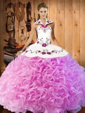 Floor Length Rose Pink 15 Quinceanera Dress Halter Top Sleeveless Lace Up