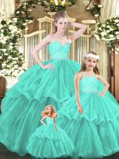 Sleeveless Organza Floor Length Lace Up Vestidos de Quinceanera in Aqua Blue with Lace and Ruffled Layers