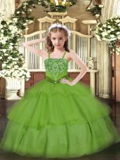 Beading and Ruffled Layers Little Girl Pageant Dress Green Lace Up Sleeveless Floor Length