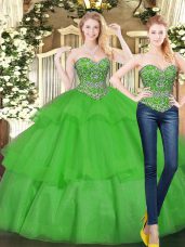 Organza Sweetheart Sleeveless Lace Up Beading and Ruffled Layers Quinceanera Dress in Green