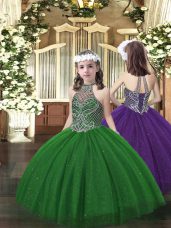 Dark Green Tulle Lace Up Glitz Pageant Dress Sleeveless Floor Length Beading