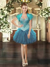 Beading and Ruffles Prom Evening Gown Teal Lace Up Sleeveless Mini Length