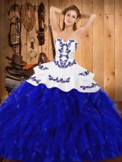 Blue And White Satin and Organza Lace Up Sweet 16 Dresses Sleeveless Floor Length Embroidery and Ruffles