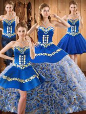 Exquisite Multi-color Ball Gowns Satin and Fabric With Rolling Flowers Sweetheart Sleeveless Embroidery With Train Lace Up Vestidos de Quinceanera Sweep Train