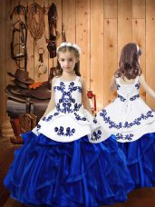 Floor Length Royal Blue Pageant Gowns For Girls Straps Sleeveless Lace Up
