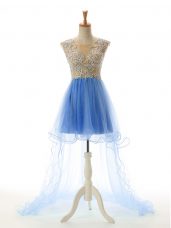 Trendy Baby Blue Sleeveless Appliques High Low Homecoming Dress