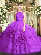 Designer Scoop Sleeveless Lace Up Quinceanera Gowns Eggplant Purple Fabric With Rolling Flowers