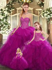 Dramatic Organza Sweetheart Sleeveless Lace Up Beading and Ruffles Quinceanera Gowns in Fuchsia