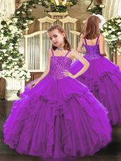 Stylish Beading and Ruffles Pageant Dress Wholesale Purple Lace Up Sleeveless Floor Length