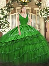 Zipper V-neck Beading and Embroidery and Ruffled Layers Quinceanera Gown Satin and Tulle Sleeveless