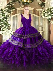 Purple Ball Gowns Organza V-neck Sleeveless Beading and Ruffles Floor Length Zipper Ball Gown Prom Dress
