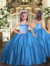 Dazzling Sleeveless Floor Length Appliques Lace Up Pageant Gowns For Girls with Baby Blue
