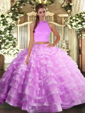 Organza Halter Top Sleeveless Backless Beading and Ruffled Layers Quinceanera Dress in Lilac