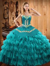 Glorious Teal Sleeveless Satin and Organza Lace Up 15 Quinceanera Dress for Military Ball and Sweet 16 and Quinceanera