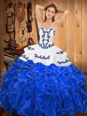 Stylish Blue And White Sleeveless Satin and Organza Lace Up Quinceanera Gowns for Military Ball and Sweet 16 and Quinceanera