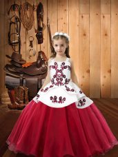 Coral Red Ball Gowns Embroidery Little Girls Pageant Dress Wholesale Lace Up Organza Sleeveless Floor Length