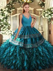 Shining Blue Sleeveless Beading and Appliques and Ruffles Floor Length Sweet 16 Quinceanera Dress