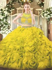 Yellow Green Ball Gowns Beading Ball Gown Prom Dress Zipper Fabric With Rolling Flowers Sleeveless Floor Length