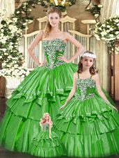 Vintage Sleeveless Floor Length Beading and Ruffled Layers Lace Up Sweet 16 Quinceanera Dress with Green