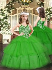 Attractive Green Ball Gowns Beading and Ruffled Layers Pageant Dress Toddler Lace Up Organza Sleeveless Floor Length