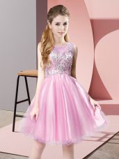 Custom Design Sleeveless Tulle Knee Length Zipper Prom Dresses in Rose Pink with Beading