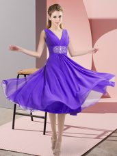 Latest Sleeveless Chiffon Knee Length Side Zipper Bridesmaid Dress in Lavender with Beading