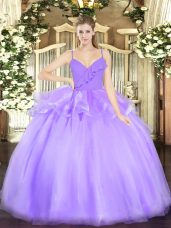 Stylish Lavender Ball Gowns Spaghetti Straps Sleeveless Organza Floor Length Zipper Ruffles Quinceanera Gowns