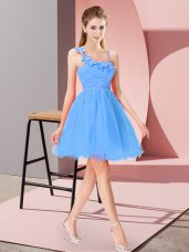 Modest Mini Length Zipper Prom Dress Baby Blue for Prom and Party with Beading and Hand Made Flower