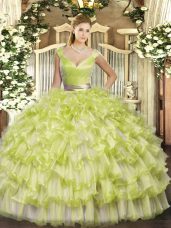 Yellow Green Sleeveless Organza Zipper 15th Birthday Dress for Military Ball and Sweet 16 and Quinceanera