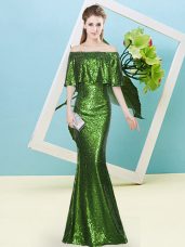 Floor Length Mermaid Half Sleeves Green Prom Dresses Zipper