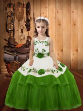 Fashionable Sleeveless Organza Floor Length Lace Up Kids Formal Wear in Olive Green with Embroidery and Ruffled Layers