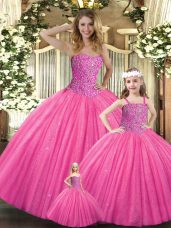 Customized Hot Pink Ball Gowns Tulle Sweetheart Sleeveless Beading Floor Length Lace Up Quinceanera Gowns
